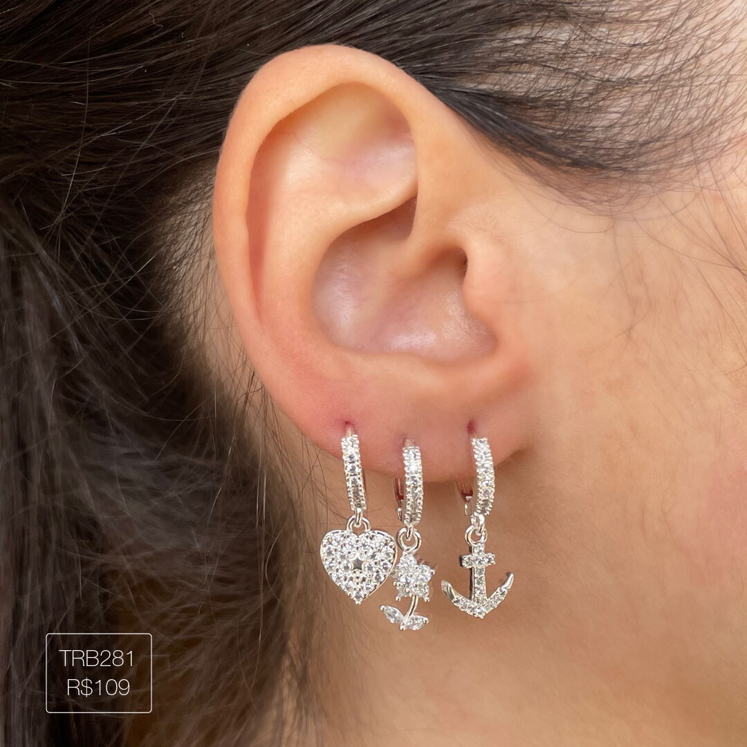 Trio Argola Coração + Flor + Âncora Cravejado Cristal Prateado